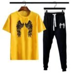 Eagle Wings Printed Gym Wear Tracksuit T-Shirt & Trouser Yellow